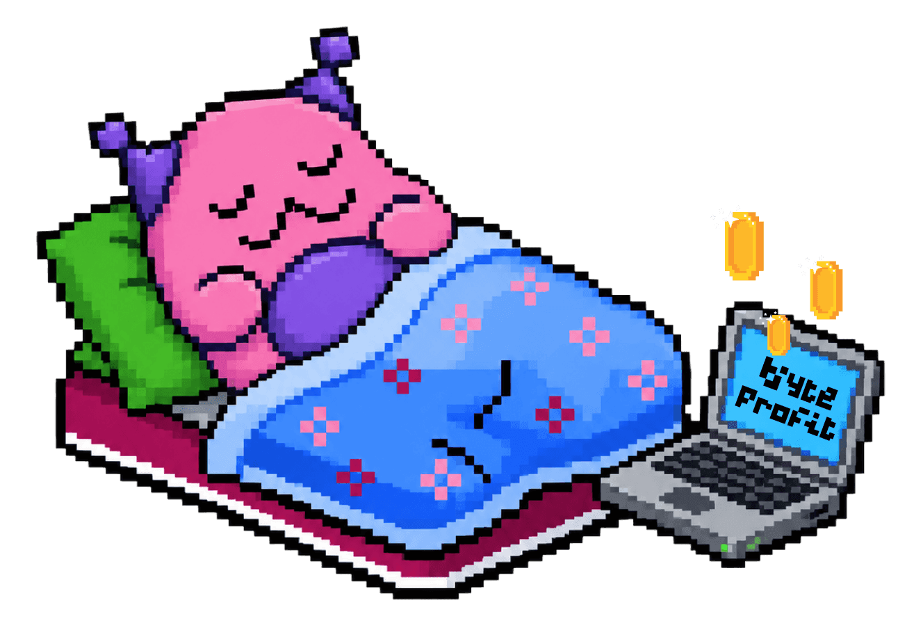 ByteProfit mascot asleep while a laptop keeps earning coins