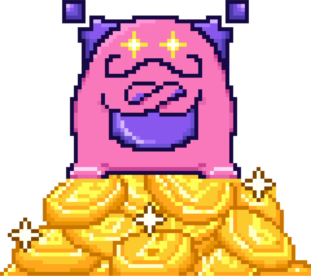 ByteProfit mascot sitting on a pile of gold coins