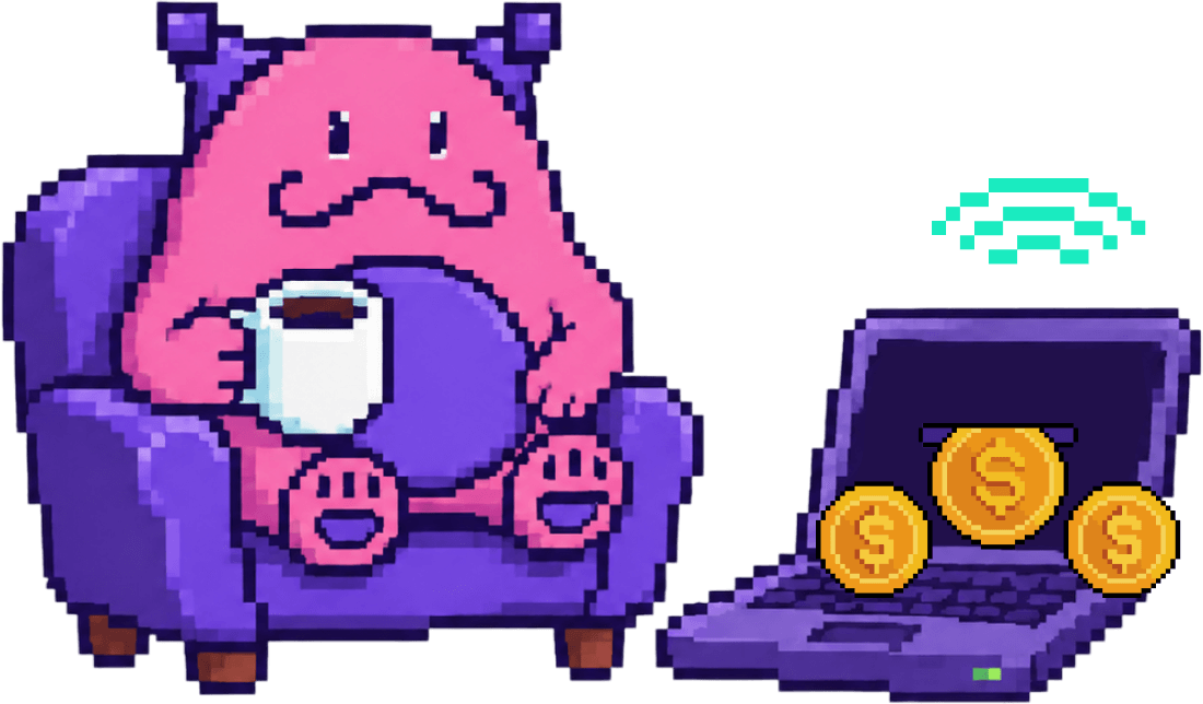 ByteProfit mascot relaxing while a laptop collects coins